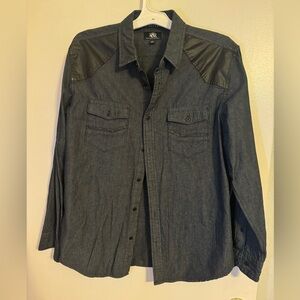 “Timeless Western Elegance: Pristine Grey Denim Shirt with Leather Accents”